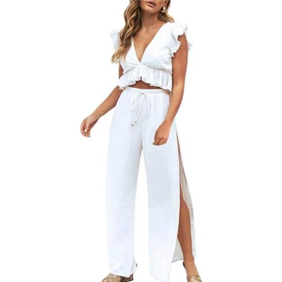 Women's 2 Piece Summer Set V Neck Crop Top Wide Leg Slit Pants Beach Casual